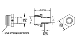 A sketch including the dimensions of a garden hose thread adapter